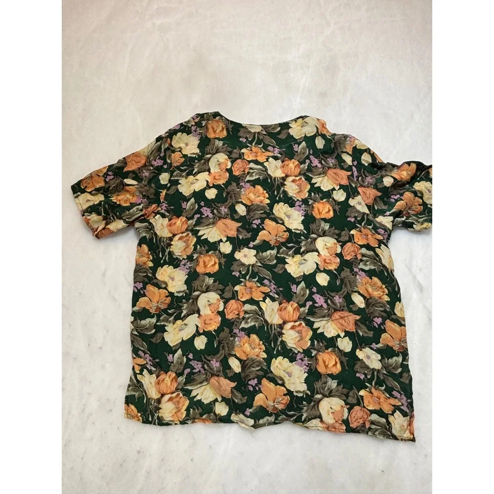 Vintage Silk‎ Floral Button Up Short Sleeve Blouse Green Orange Yellow - Picture 7 of 9